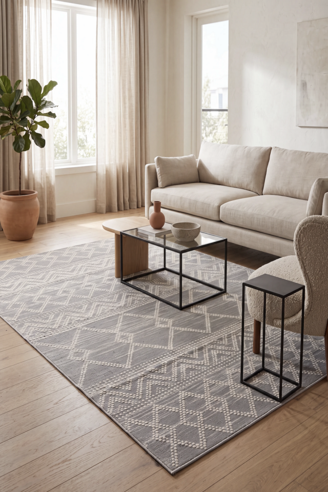 Modern Dokuma Halı Gri-Krem İskandinav Model Özel Ölçü