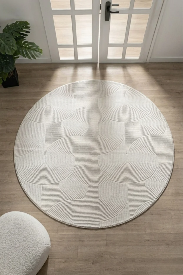 Kabartmalı Rölyef Krem Daire Halı