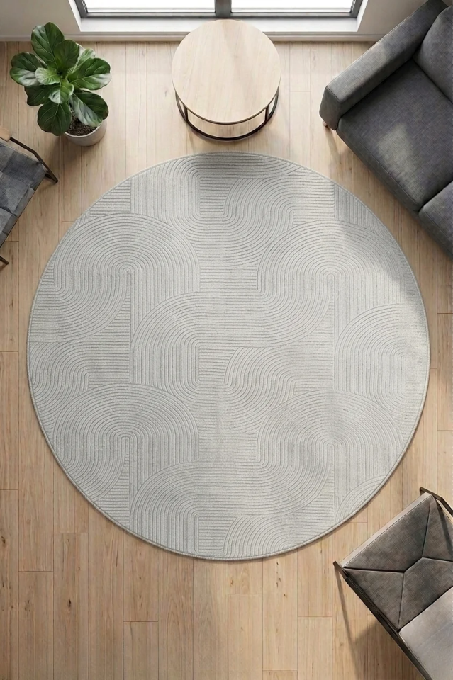Kabartmalı Rölyef Gri Daire Halı