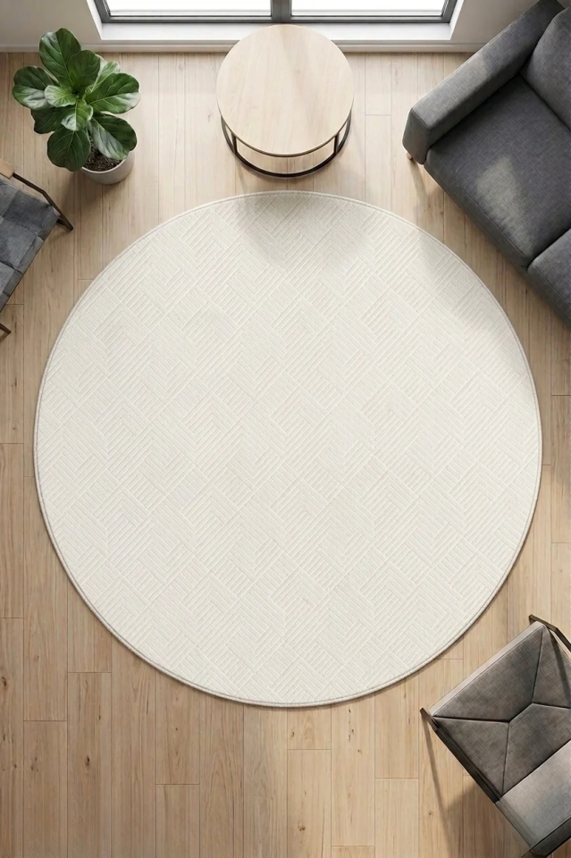 Kabartmalı Rölyef Krem Daire Halı